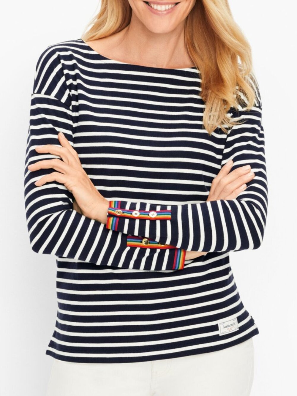 TALBOTS Authentic Talbots Tee Jane Stripe Navy Blue White Rainbow Cotton PETITE